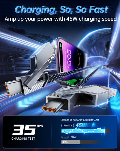 4-in-1 USB C Cable 45W 5FT Compatible with Lightning Cable [Fast Charging & Data Transfer] Flat Nylon Braided for iPhone iPad Charger Cord, Multi Charge Wire Combo with L/Type C/USB A Port