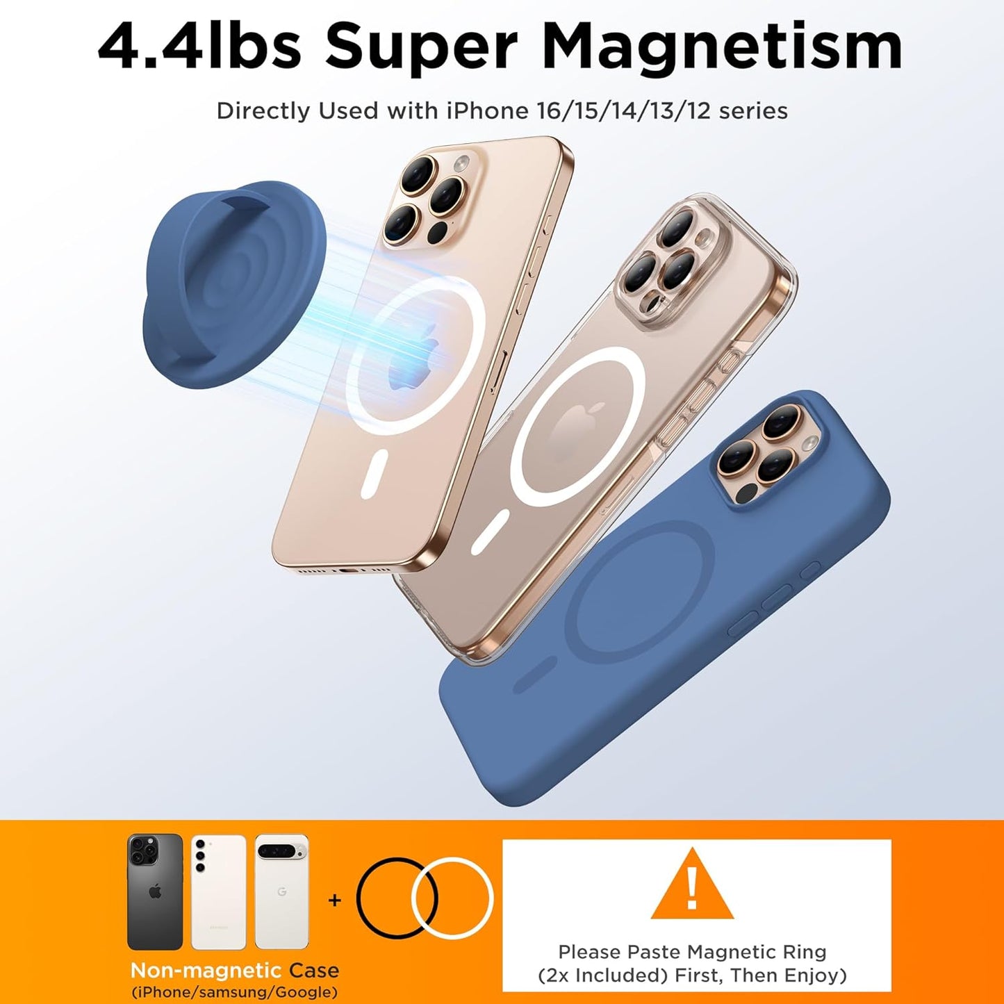 Magnetic Phone Ring Grip Holder, Silicone Finger Loop Grip, Compatible with MasSafe, Back of Phone for iPhone Pro Max/Plus/16/15/15/14/13/12 Series, Azure Blue