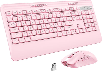 Wireless Keyboard and Mouse Set with Quiet Keys, 2.4G Full Size Ergonomic Keyboard with Wrist Rest, Protective Covers, Soft Touch Silent Design for Windows, Computer, PC and Laptop