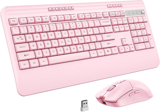 Wireless Keyboard and Mouse Set with Quiet Keys, 2.4G Full Size Ergonomic Keyboard with Wrist Rest, Protective Covers, Soft Touch Silent Design for Windows, Computer, PC and Laptop
