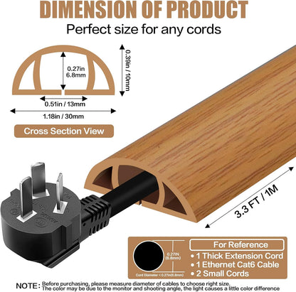 Floor Cord Cover Self Adhesive Cord Hider,3.3FT Cable Management, Extension Strip Protector for Wires, Prevent Cable Trips for Offices, Gyms, Exhibitions Cavity:0.39"(W) x 0.27"(H) Brown Wood