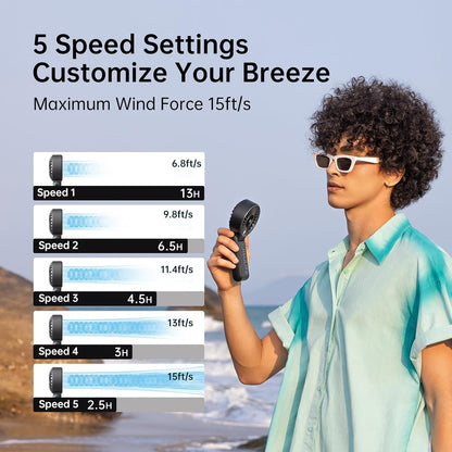 JISULIFE Handheld Fan Life7 – Ultimate Flexibility: High-Power Motor, LED Display, 13 Hrs Cooling, 3600mAh Rechargeable, 5-Speed, Foldable Design, 3-IN-1 Portable Fan for Travel Cruise Beach(Black)