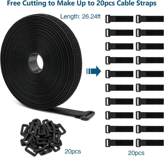 26ft Cut-to-Length Cable Straps 1in Wide with 20pcs Plastic Buckles, Adjustable Cinch Strap Free Cutting, Reusable Hook and Loop Straps for Fastening Cable Ties, Cord Straps, Wire Management