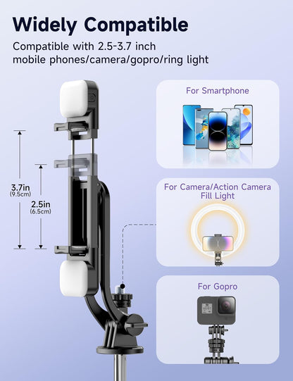 53'' Selfie Stick Tripod with Light, Extendable Selfie Stick with Remote, Portable Cell Phone Tripod Stand with All in 1 Phone Clip, Lightweight Camera Tripod Compatible with iPhone 15 14 13, Android