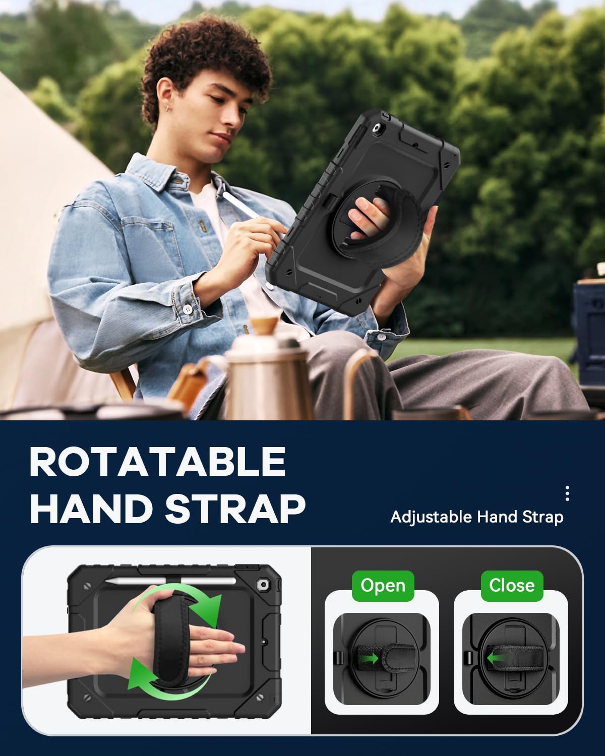 Cantis Case for iPad 9th/8th/7th Generation with Screen Protector, iPad 10.2 Case 2021/2020/2019 with 360 Degree Rotating Stand/Shoulder Strap/Pencil Holder, Black