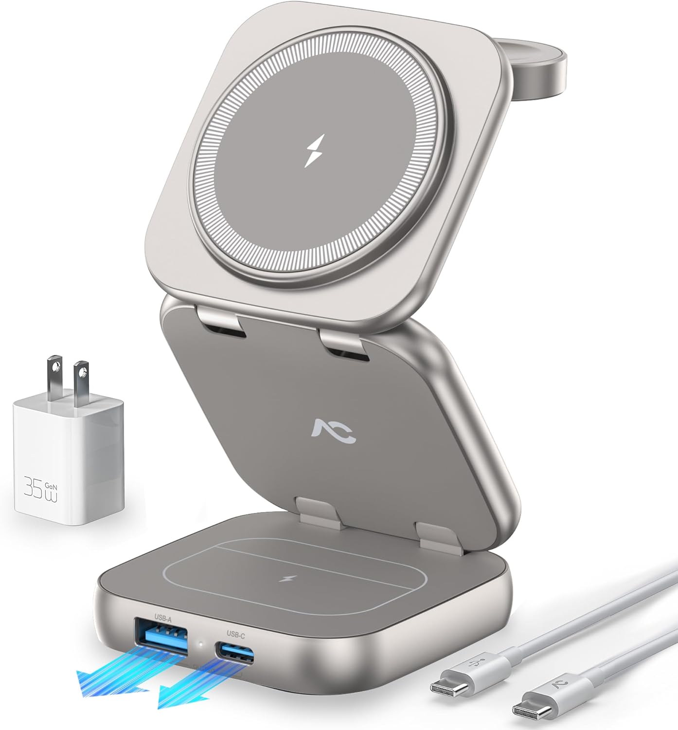 5-in-1 Wireless Charger for MagSafe, AC ISLAND Portable Travel Charging Station, 15W Max Fast Foldable Magnetic Stand, Evolved for iPhone 17/16/15/14/13 Series, Apple Watch, AirPods (with 35W Adapter)