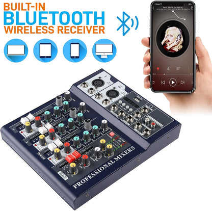 Dj Mixers 4 Channel Audio Mixer Sound Board with Bluetooth, Usb Audio Interface with 48V Phantom Power Sounds Mixer Board with FX Reverb Delay Effect for Streaming