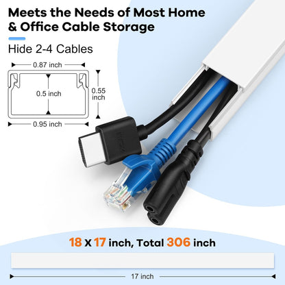 306in Cord Hider Kit, Cord Covers for Wires on Wall, Paintable Wire Cover for Cords, Cable Hider for Wall Mounted TV, White Cord Concealer, Cable Raceway Wire Management, 18xL17in x W0.95in x H0.55in