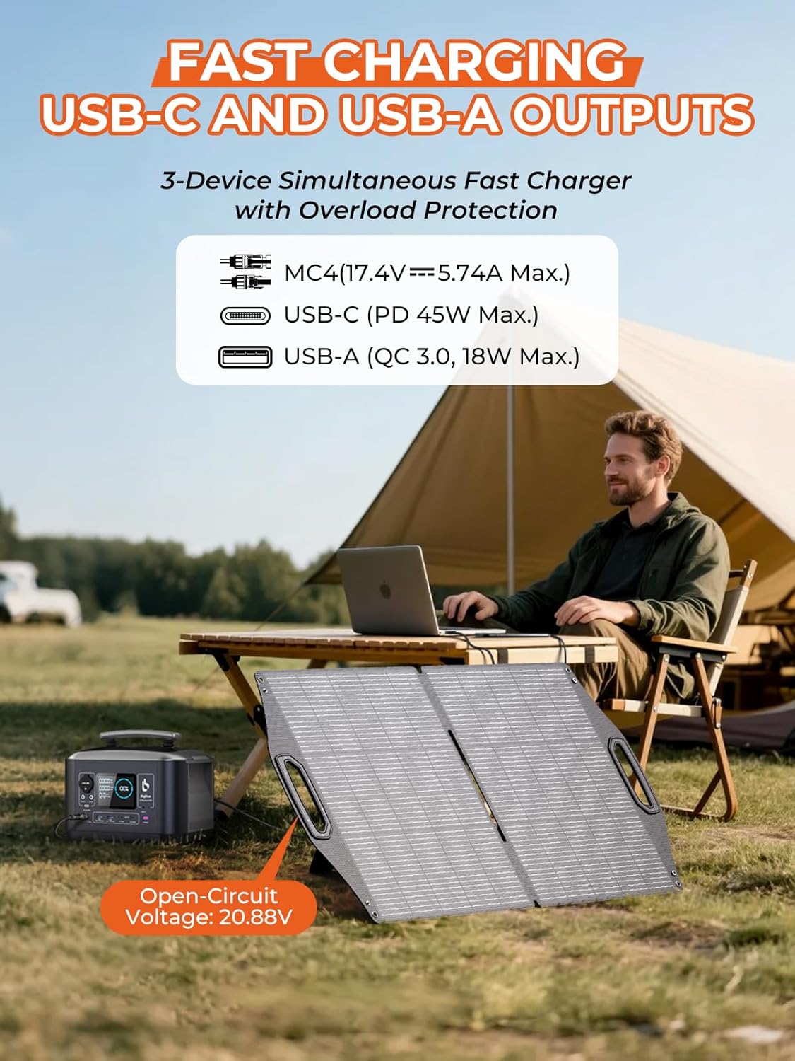 BigBlue 100W Solar Panel w/USB-C(45W PD)+USB-A(Fast Charging 18W) & MC-4 Ports, IP68 Waterproof, Camping Essentials, Folding Portable Solar Charger w/Kickstand for Power Stations, Phones, Tablets