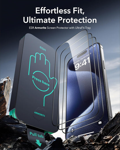 ESR 3 Pack 9H+ Glass for iPhone 15 Pro Max Screen Protector, [Military Grade Shatterproof & Longest Durable] Armorite Ultra-tough Full Coverage Tempered Glass with UltraFit Tray