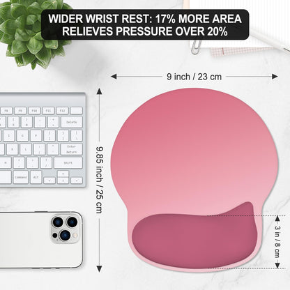 ITNRSIIET Ergonomic Mouse Pad with Wider Memory Foam Wrist Rest +17% - Curved Cushion Reduces Pressure 20%, Pain Relief, Non-Slip, Smooth, Cute Colors, 9.85 x 9 in, Pink Ombre