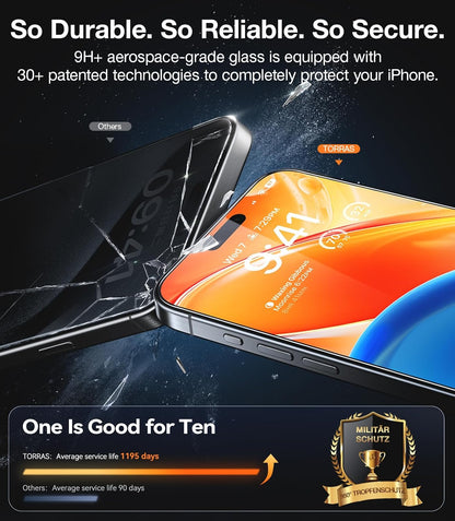 TORRAS Diamond Shield for iPhone 15 Pro Screen Protector [Military-Grade Protection] 9H+ Unbreakable Shatterproof Aerospace Tempered Glass Full Coverage InstaFit Bubble-Free, 2-Pack