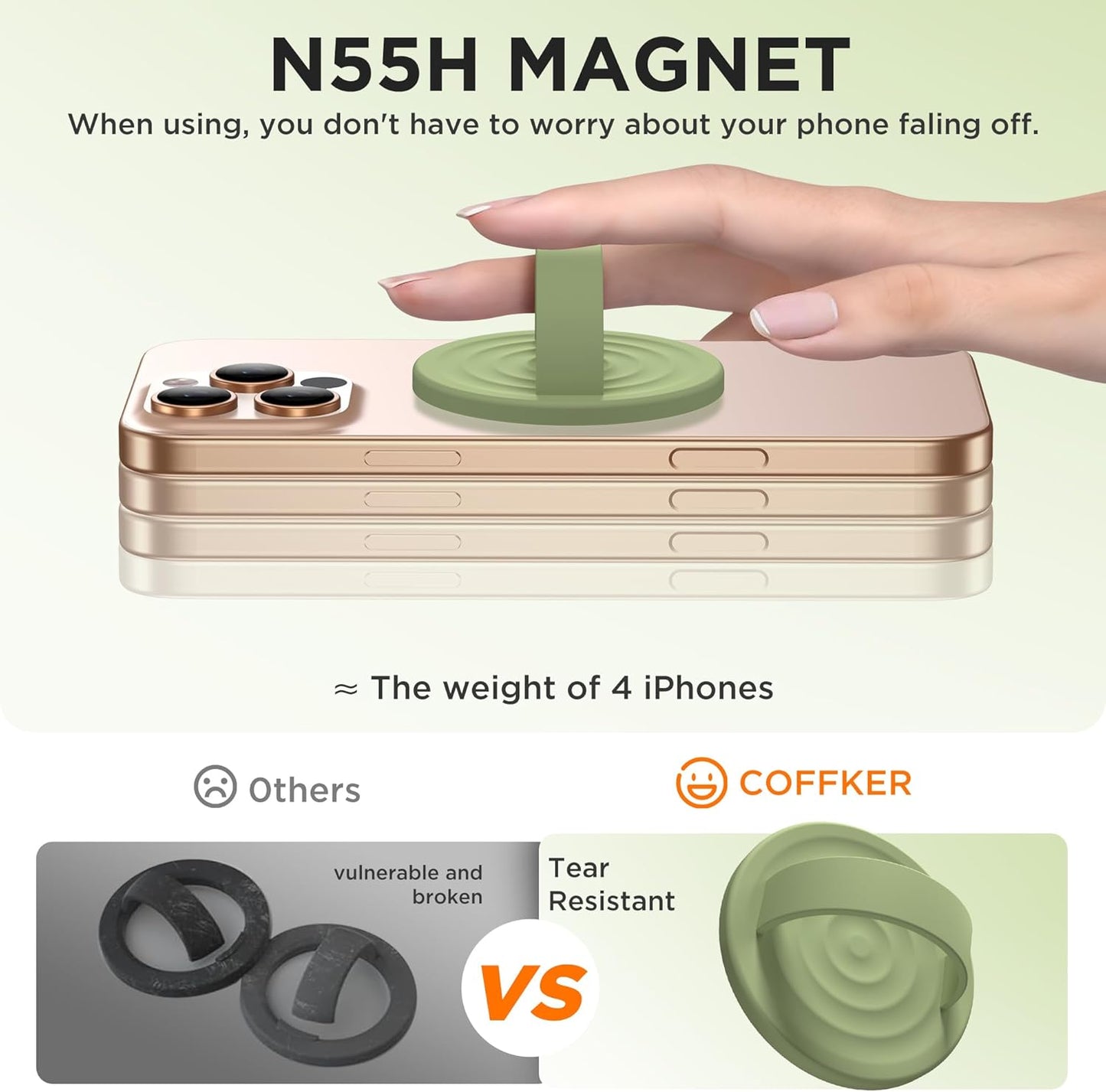 Magnetic Phone Ring Grip Holder, Silicone Finger Loop Grip, Compatible with MasSafe, Back of Phone for iPhone Pro Max/Plus/16/15/15/14/13/12 Series, Tea Green