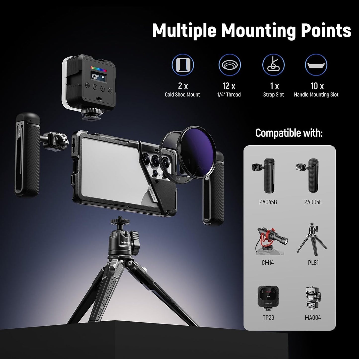 NEEWER S25 Ultra Phone Cage, Mobile Video Rig Phone Stabilizer with 67mm Filter Adapter, 17mm Lens Backplate, T Mount Lens Adapter, Compatible with Samsung Galaxy Moment T Series Lenses, PA082