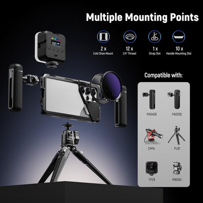 NEEWER S25 Ultra Phone Cage, Mobile Video Rig Phone Stabilizer with 67mm Filter Adapter, 17mm Lens Backplate, T Mount Lens Adapter, Compatible with Samsung Galaxy Moment T Series Lenses, PA082