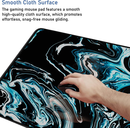 Gaming Mouse Pad with Stitched Edges, Durable Non-Slip Natural Rubber Base, Waterproof Computer Keyboard Pad Mat for Esports Pros/Gamer/Desktop/Office/Home - Marble Cyan