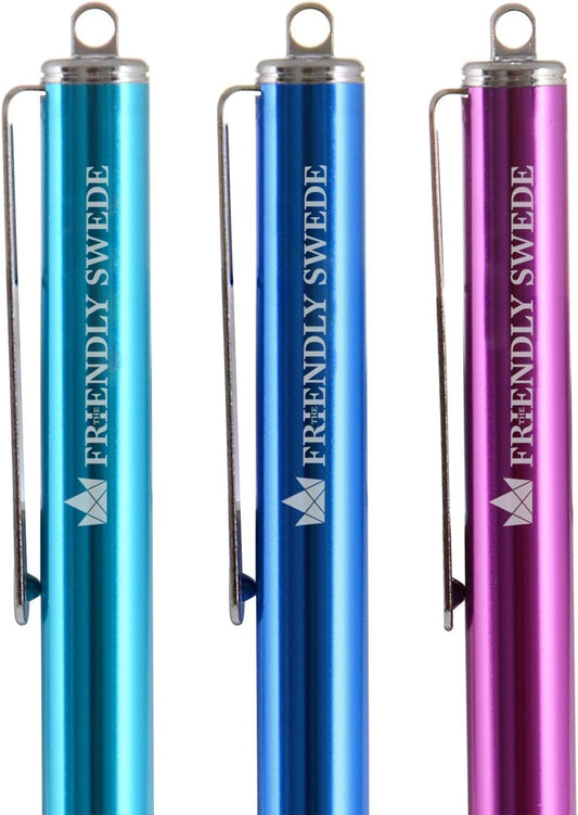 The Friendly Swede Stylus Pen for Touchscreen — 3-Pack 5.5" High Precision Stylus Pen with Replaceable Thin Tips, Elastic Lanyards & Screen Cleaning Cloth - Aqua Blue/Dark Blue/Purple