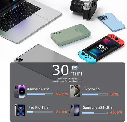 Power Bank Fast Charging 10000mAh 35W Portable Charger Small Battery Pack with PD 3.0 & QC 4.0 Type-C USB-A Input Output Lightweight Phone Charger Compatible for iPhone Samsung iPad