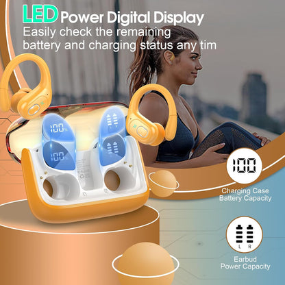 Wireless Earbuds 75hrs Bluetooth 5.4 Headphone Sport, 2025 Bluetooth Earbuds Stereo Deep Bass Over Ear Bud with Earhooks, ENC Noise Cancelling Mic, IPX7 Waterproof Earphone, Yellow