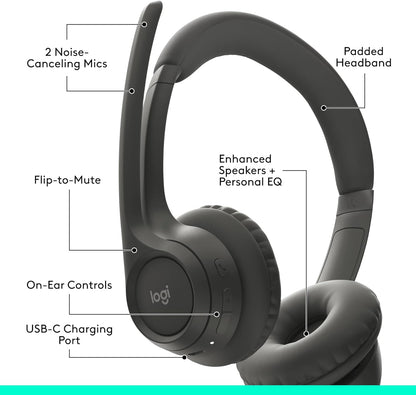 Logitech Zone 301 Wireless Bluetooth Headset with Noise-Canceling Microphone, Compatible with Windows, Mac, Chrome, Linux, iOS, iPadOS, Android – Graphite