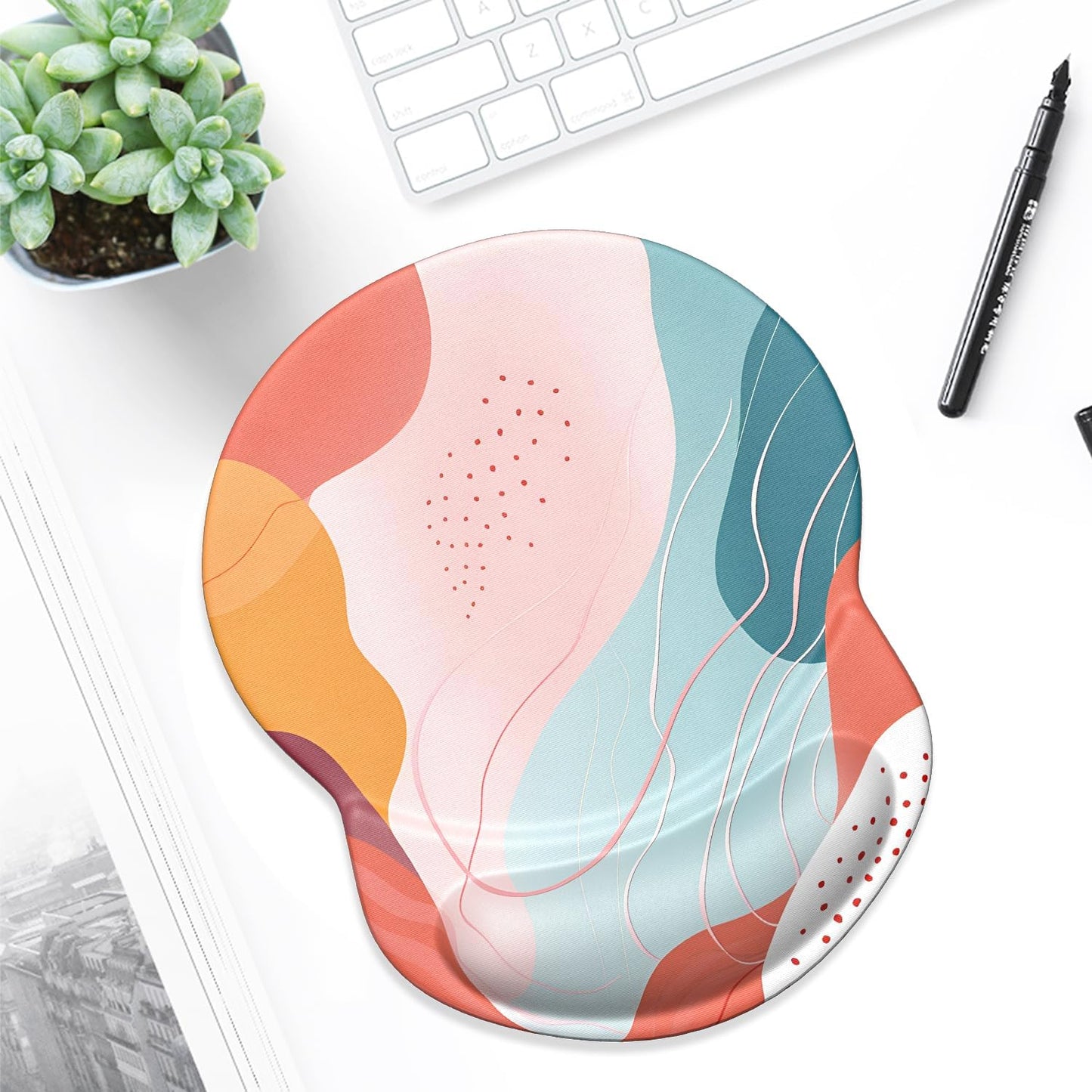 ITNRSIIET Ergonomic Mouse Pad with Gel Wrist Support Small Wrist Rest Smooth Surface Non-Slip PU Base Comfortable Office Supplies Pain Relief, 8.7 x 7.2 inches, Art Style Pattern