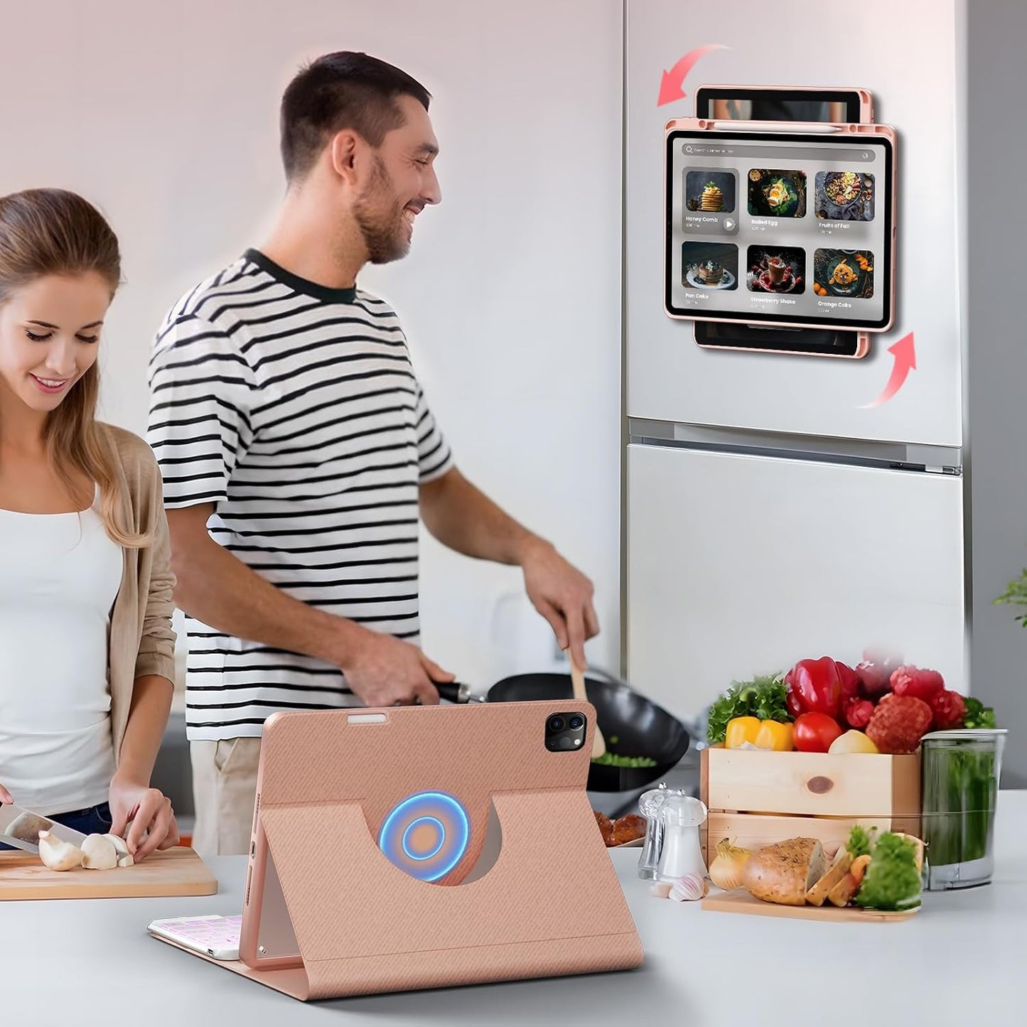 OYEEICE Keyboard Case for iPad Pro 12.9 inch 6th Gen 2022, 5th 2021, 4th 2020, Rotating Detachable Clear Cover with 7 Colorful Backlit Keyboard Wireless, Pencil Holder, Auto Wake/Sleep - Pink