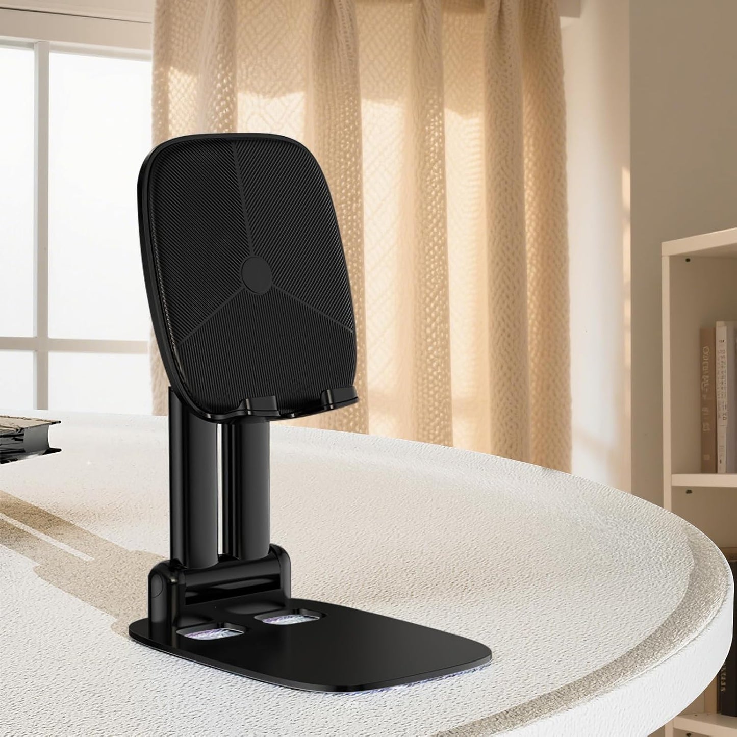 DEERLAMN Cell Phone Stand for Desk, Height Adjustable Cell Phone Holder Portable Desktop Stand, Travel Home Office Desk Accessories Compatible with iPhone 16/15/14/13/12/11 All Smartphone - Black