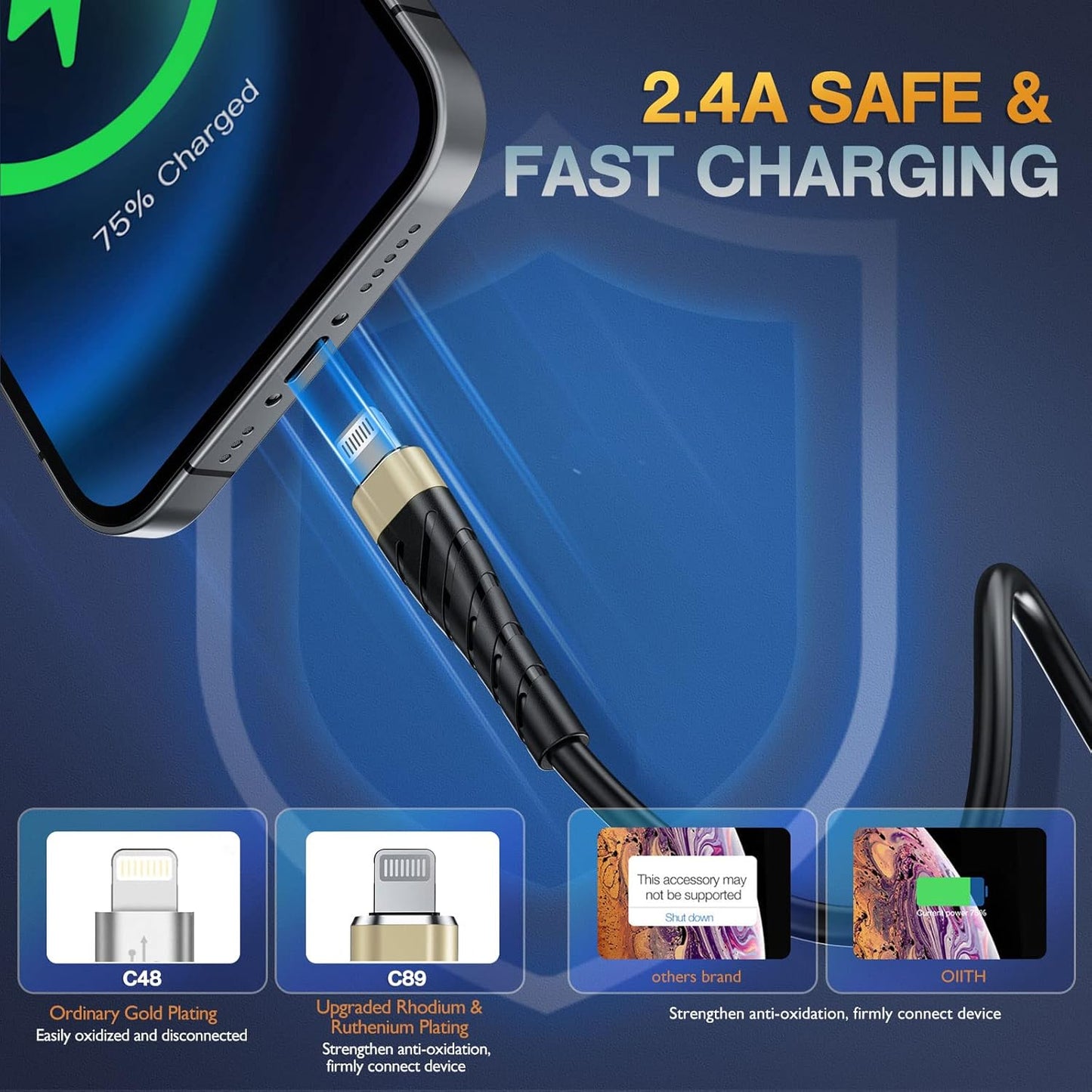 OIITH Apple MFi Certified iPhone Charger Cable 3 Pack 3 Ft, Lightning Charging Cord, Fast 2.4A iPhone USB Cord Compatible with iPhone12/11/XS/Max/XR/X/8/8P/7P/6/iPad - Gold