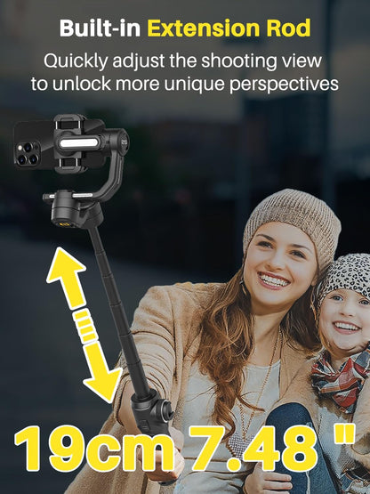 Professional Gimbal Stabilizer for Smartphone,Built-in 18CM Extension Rod and Powerful Fill Light,360°Inception,Face&Object Tracking Stabilizer,3-Axis Gimbal for iPhone& Android-Smart S2
