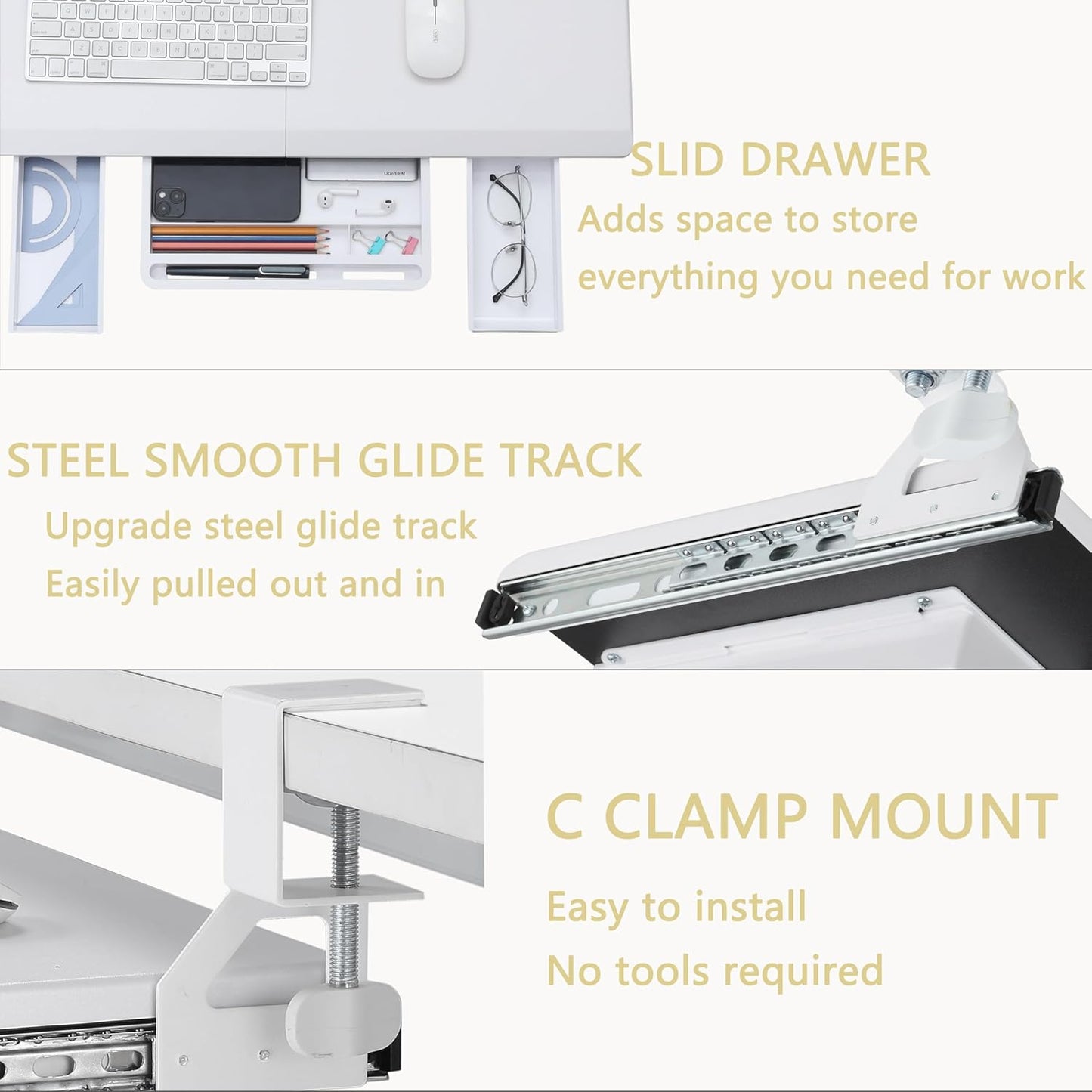 ETHU Keyboard Tray Under Desk, Ergonomic Corner Keyboard Tray with 180° Adjustable C Clamp for L Shape Desk 26.77" X 12.2" Easy to Install, Computer Keyboard Stand for Home and Office (White)