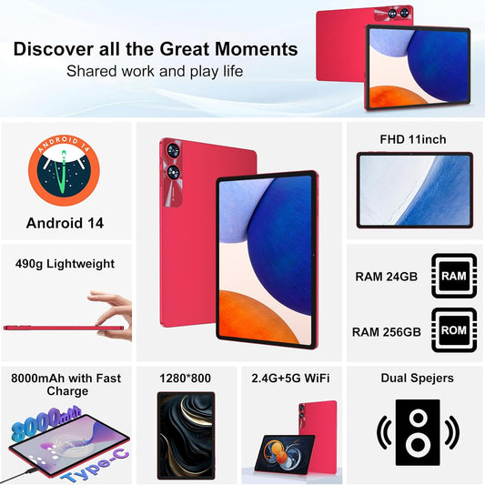 Android 14 Tablet 11 Inch Tablets, 24GB RAM 256GB ROM(1TB Expand), Octa-Core Tablets with 8000 mAh Battery, 5G WiFi, Bluetooth 5.0, Android Tablet 5MP+13MP Dual Camera, IPS Touch Screen, GPS Tab-Red