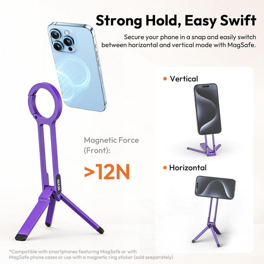 ULANZI MA30 Magnetic Phone Tripod Stand for iPhone - Aluminium Maglock Smartphone Mini Tripod Pocket Cell Phone Stand Strong Magnet Quick Mount Compatible with iPhone 16 15 14 13 12 Series, Purple