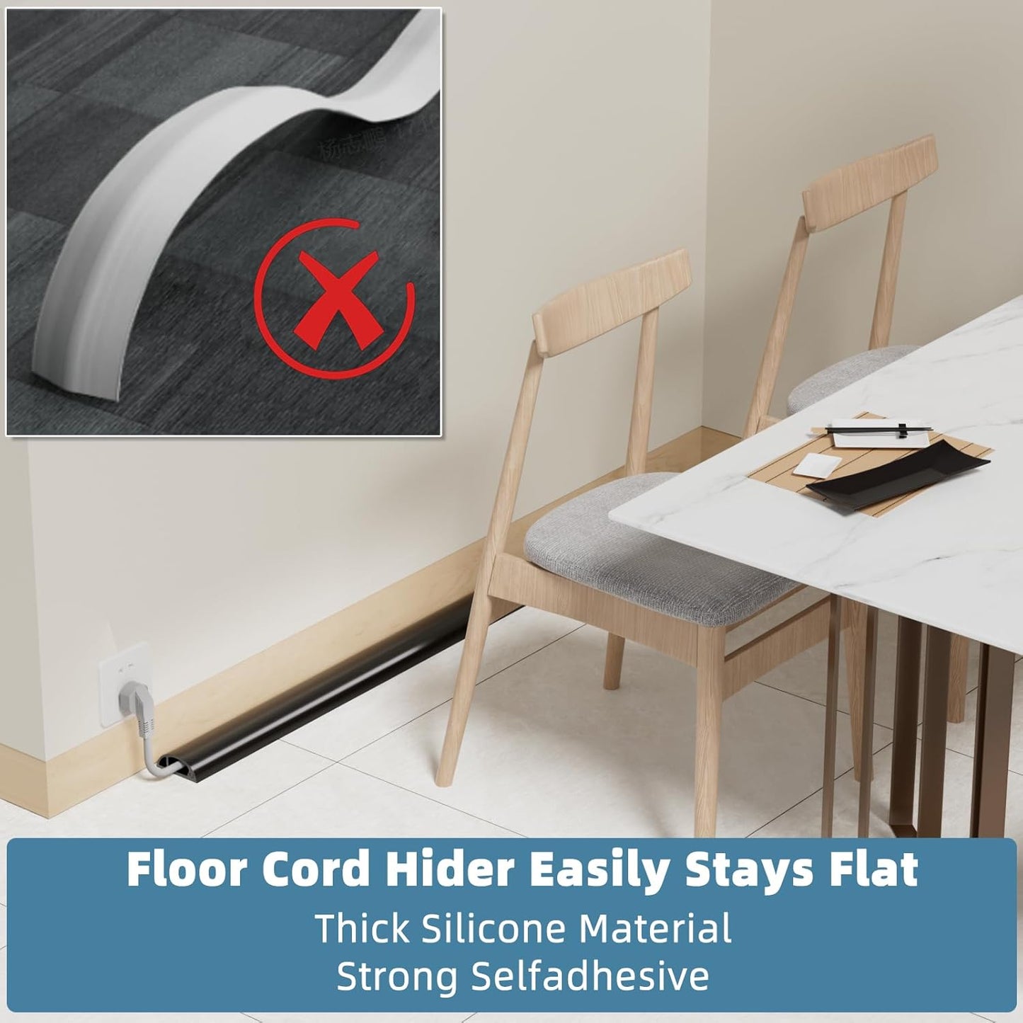 4ft Side Buckle Floor Cord Cover for Wires, Selfadhesive Extension Cord Hider Easy Floor Cable Management Prevent Cable Trips,Silicone Floor Wire Covers for Cords, Cable Protector Cord Cavity（Black）