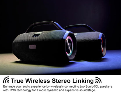 Rockville SONIC-50L Portable Bluetooth Speaker, 50W Stereo Sound, Dual LED Rings, IPX5 Water-Resistant, Upto 24-Hour Battery, TWS, USB/TF Card/AUX/Mic Inputs, for Outdoor and Indoor Events
