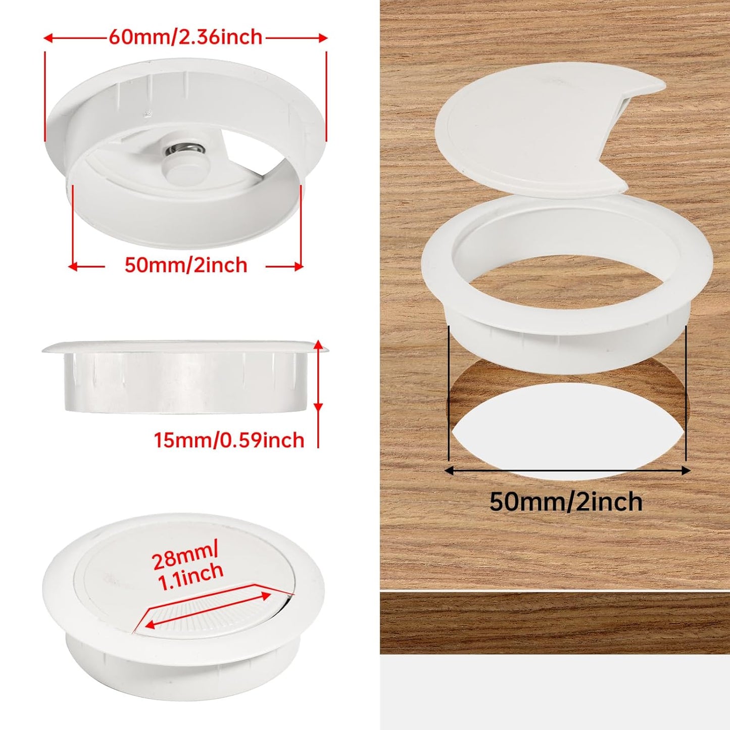 Desk Grommet 2 inch(50mm) 12 Pcs, Desk Hole Grommet, Cable Grommet, Desk Hole Cover, Desk Cord Hole Cover, Desk Cable Hole Cover with Hole Saw, Desk Wire Hole Insert, Furniture Hole Cover(White)