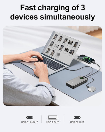 65W Power Bank, 25000mAh Travel Essential USB C Laptop Portable Charger, 100W Total Fast Charging Battery Pack for MacBook Dell XPS iPad Tablet Steam Deck iPhone 17-12 Series Samsung Switch and More