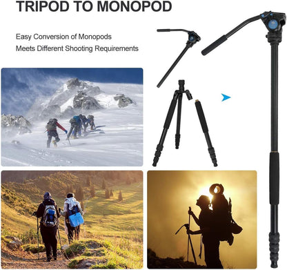 SIRUI Aluminum Camera Tripod Monopod with VA-5 Fluid Pan Head, 62.6″Heavy Duty Tripod Kit for DSRL, Binocular, Spotting Scope, Quick Release Plate, 1/4" 3/8" Screws, Payload 6.6lbs -Traveler VA