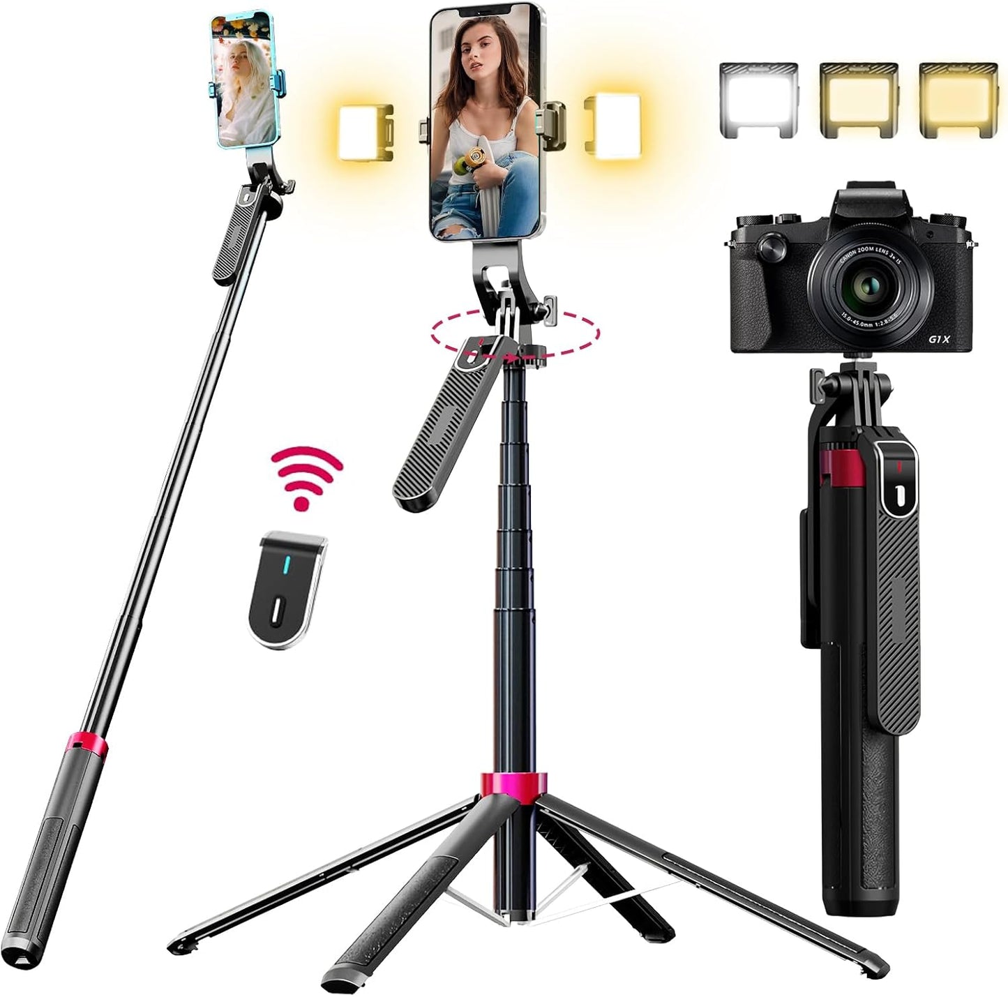 WOVTE 62" Selfie Stick with 2 Lights, Extendable Stand for iPhone, Selfie Stick with Remote, Portable Phone Tripod for Cell Phone Compatible with iPhone/Android, Camera & GoPro