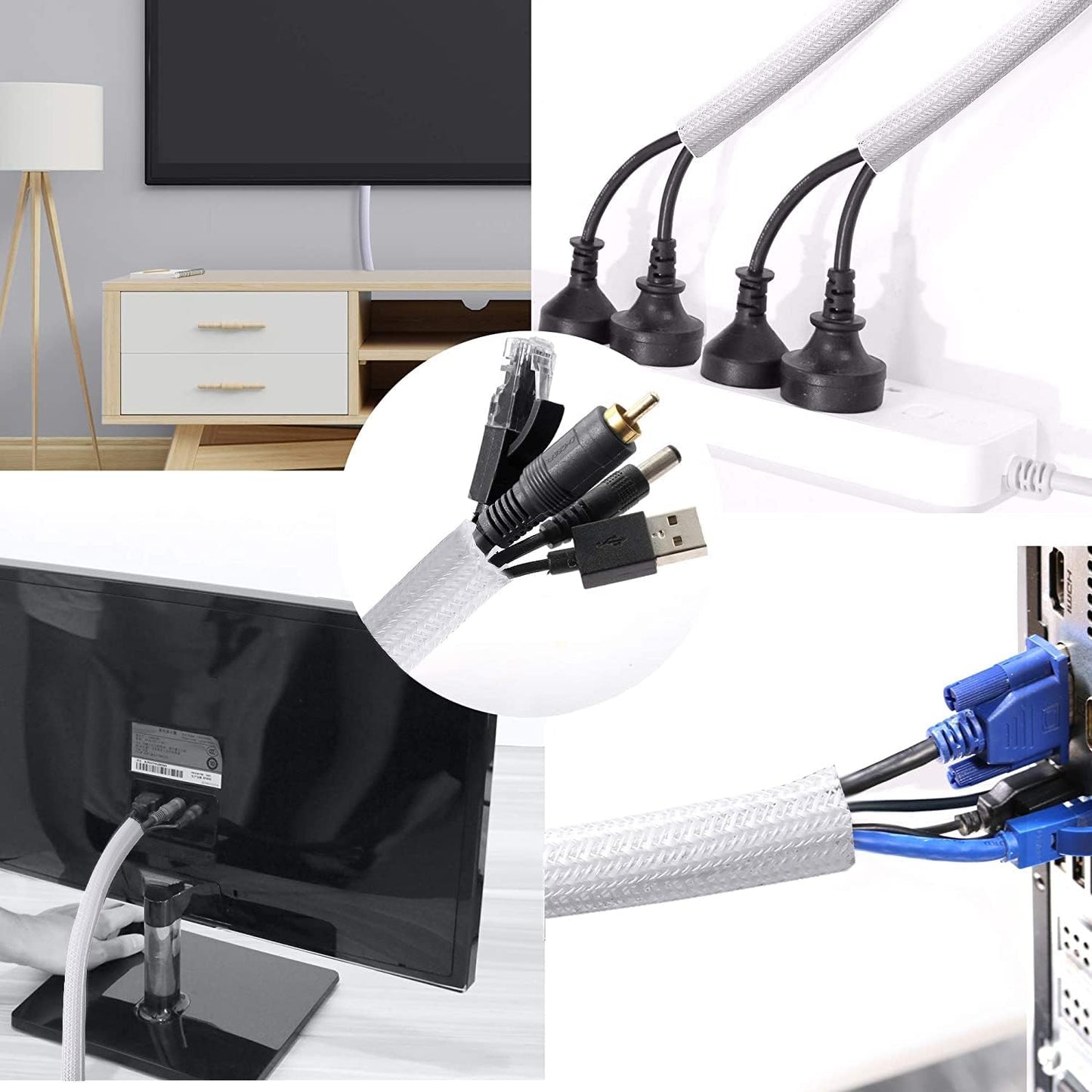 CrocSee 25ft - 1.25 inch Braided Cable Management Sleeve Cord Protector - Self-Wrapping Split Wire Loom for TV/Computer/Home Theater/Engine Bay - White