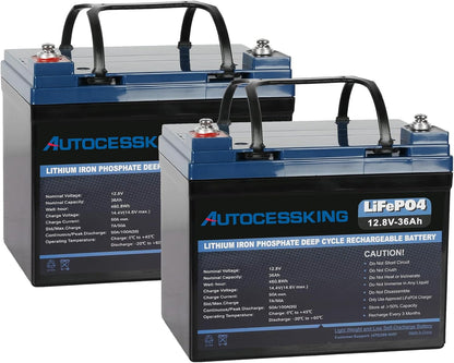 12V 36Ah LiFePO4 Battery, Built in BMS Rechargeable Lithium Battery with Low-Temp Protection, 4000+ Deep Cycles Perfect for Camping, Solar, Boat, Kids Scooters, Power Wheels (2 Packs)