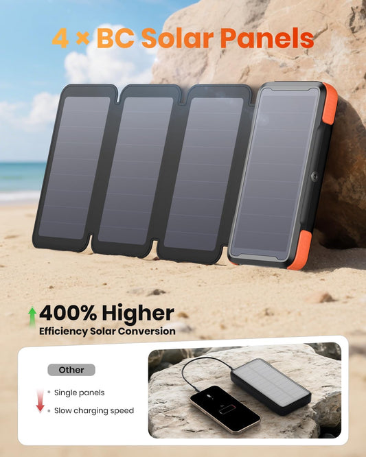 Solar-Charger-Power-Bank-49800mAh, 20W Fast Charging Portable Charger with Built-in 3 Cables & 4 Solar Panels, USB C Solar Battery Bank with LED Flashlights for Smartphones, Tablets
