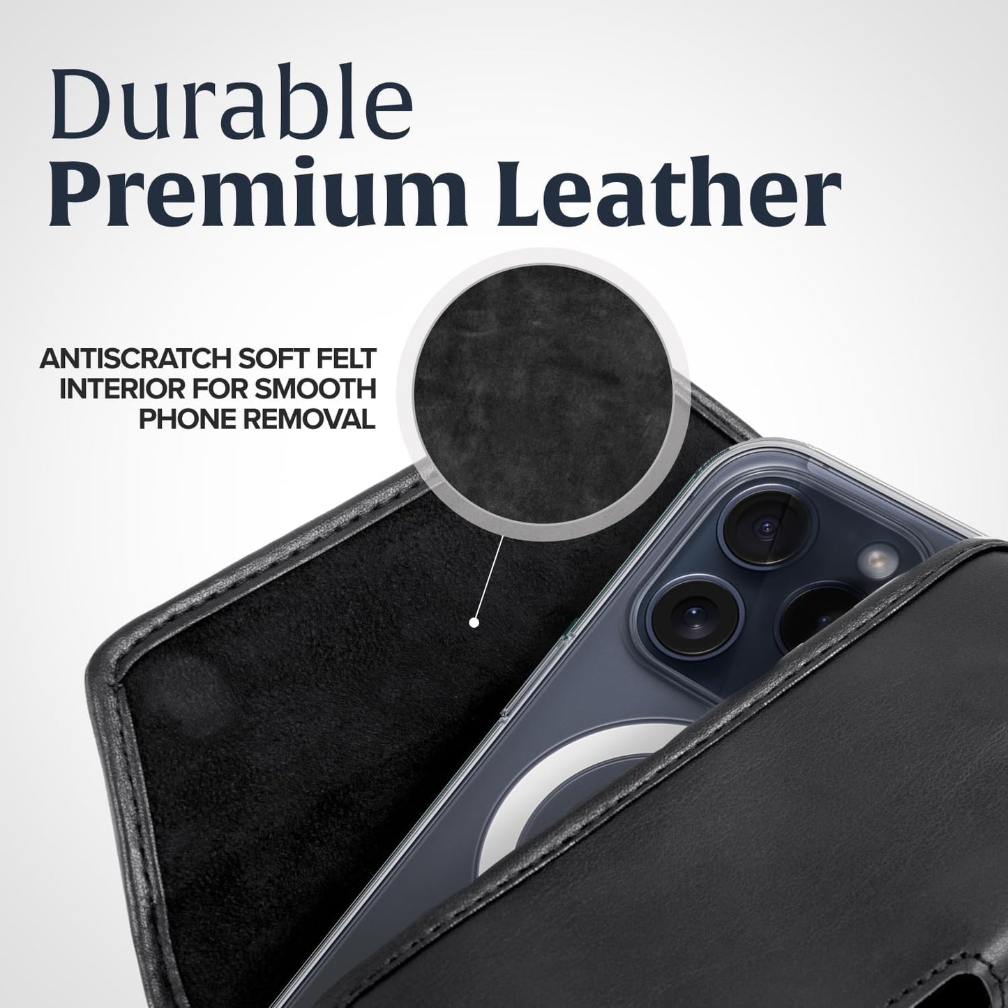 Turtleback Belt Holder for iPhone 16 Pro Max, 15 Pro Max, 14 Pro Max -Small- Fits w/Slim MagSafe Style Cases, Premium Black Leather Horiz. Belt Holster, Magnetic Closure, Leather Wrapped Clip