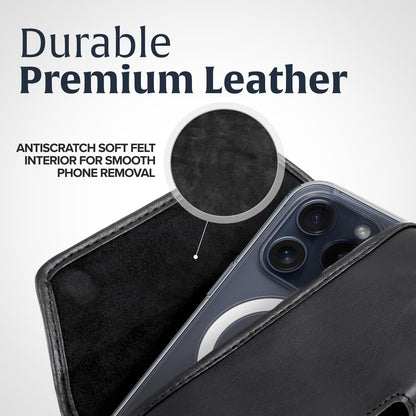 Turtleback Belt Holder for iPhone 16 Pro Max, 15 Pro Max, 14 Pro Max -Small- Fits w/Slim MagSafe Style Cases, Premium Black Leather Horiz. Belt Holster, Magnetic Closure, Leather Wrapped Clip