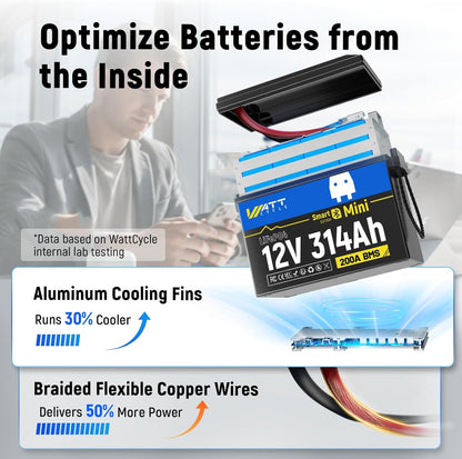 12V 314Ah Lithium LiFePO4 Battery Mini with Bluetooth 5.0 BMS 200A, 4.01kWh Energy, Upgraded Aluminum Cooling Fins & Braided Copper Wires, upporting devices over 2000W (1 PCAK)