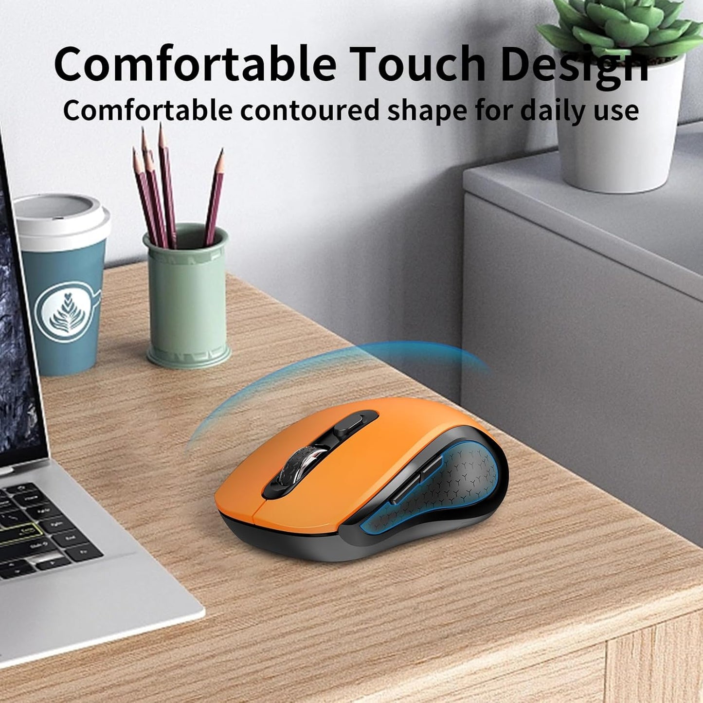 Wireless Mouse Ergonomic, Side Buttons Mouse, 2400 DPI, Silent and Anti Slip Roller Cordless Mice, 2.4Ghz with USB Receiver, 6 Buttons, Suitable for Laptop PC Chromebook and Windows 11/10/7 - Orange