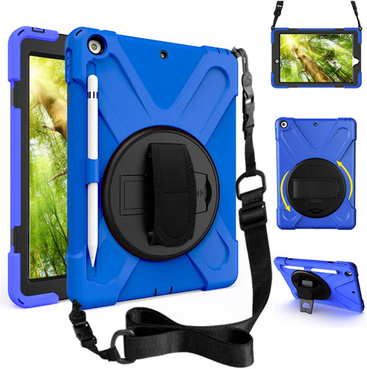 ZenRich Shockproof Case for iPad 9th/8th/7th Generation 10.2 inch 2021/2020/2019, Heavy Duty Rugged Case with Pencil Holder/360° Rotating Kickstand/Handle/Carrying Strap, Blue