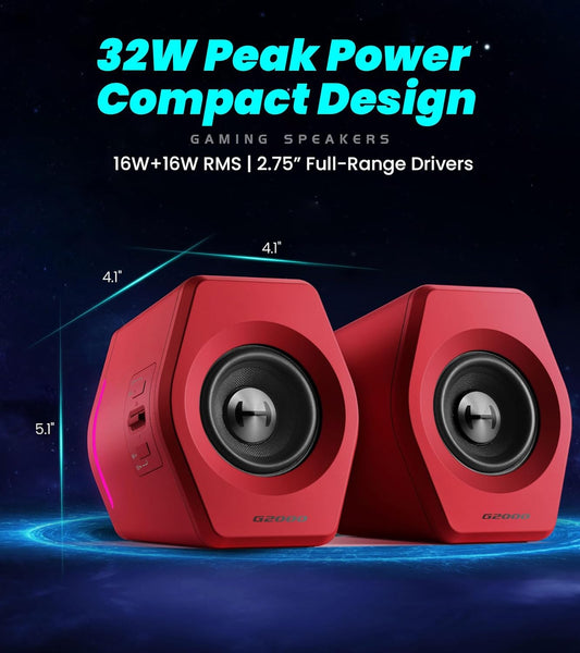 Edifier Hecate RGB Gaming Speakers, 32W Peak Power, Bluetooth 5.1, Game/Movie/Music Modes, 12 RGB Lighting Effects, Compact Design for PC/PS4/Desktop - Red