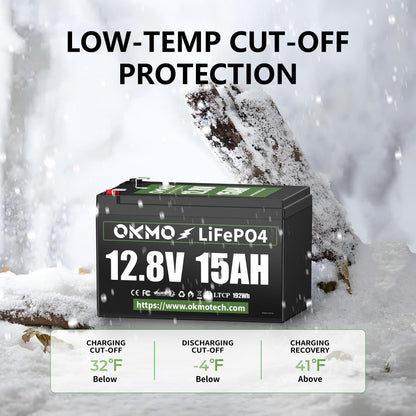 OKMO 12V 15Ah LiFePO4 Lithium Battery 12.8V, 4000+ Deep Cycles rechargeable Battery, for UPS, Kayak Fish Finder, Solar Panel, Power Wheels Toys, Scooter, Radio