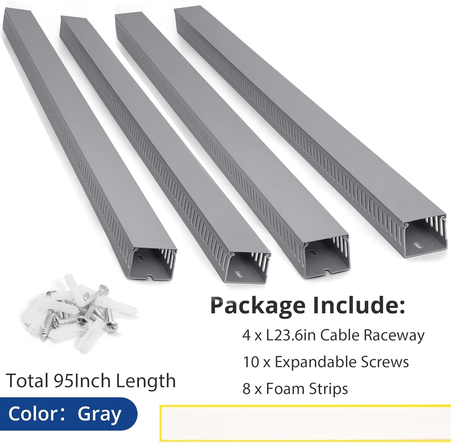 ZhiYo H2 x W2.4in Professional Server Rack Cable Management Raceway, 95in(4X L23.6in) Cable Raceway Kit, Electrically Safe PVC, Open Slot Wire Cord Hider for Under Desk/Computer/Network Cords