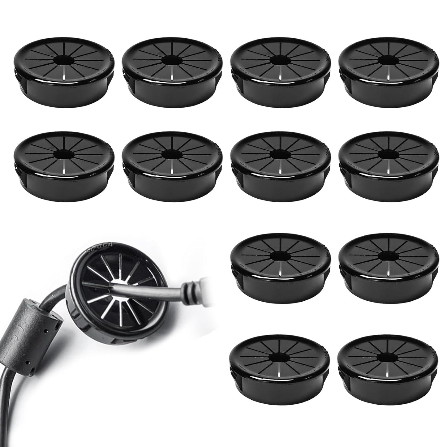 12 Pcs Cable Grommet, Snap Bushing 1-3/8" (35 mm) Mounting Diameter, Flexible Petal-Shaped Buckle Round Nylon Desk Grommet for Wires Through Countertop Cord Organizer and Protection, Black